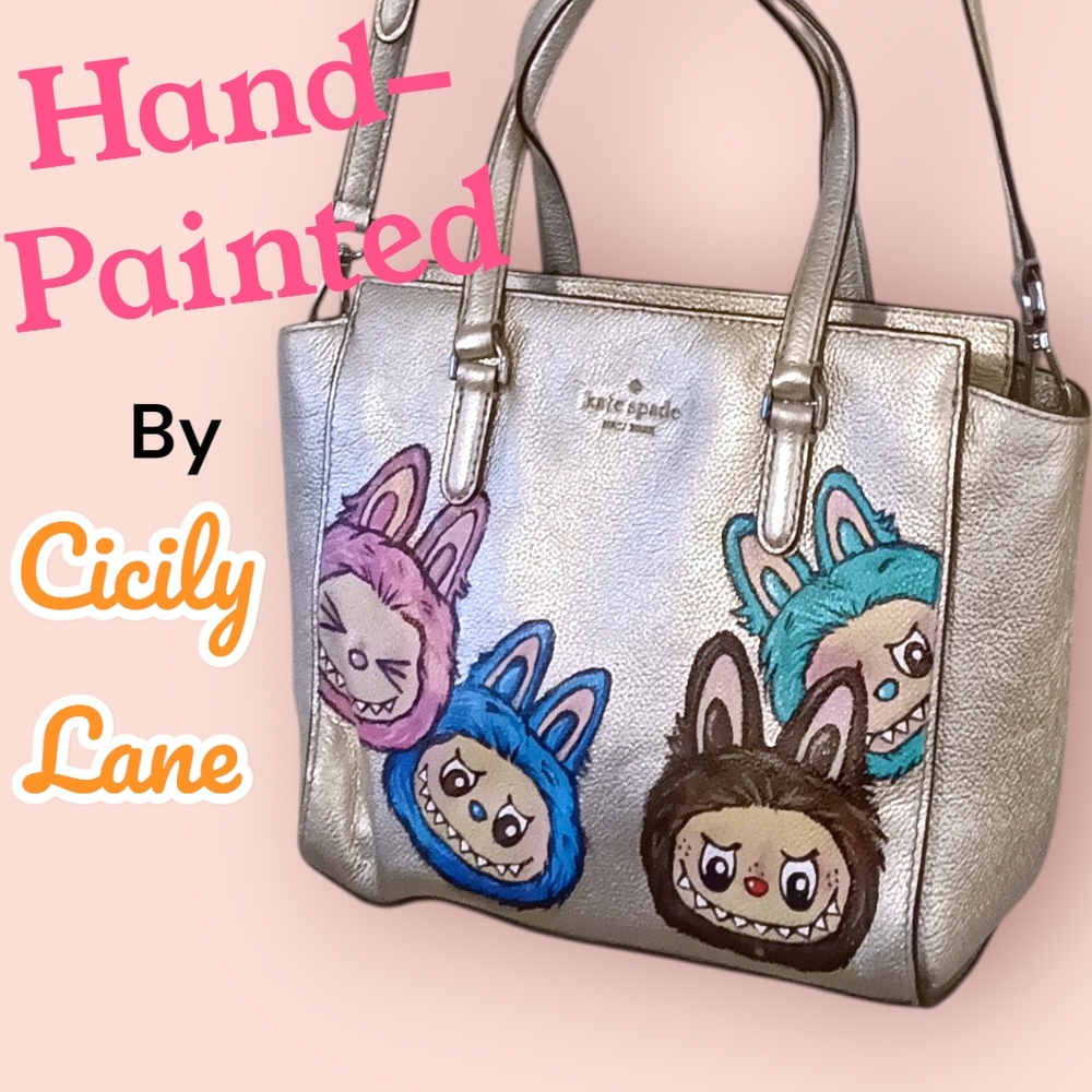 💕 LABUBU 💞 Unique Silver Kate Spade Hand Painted Bag Crossbody Purse Leather